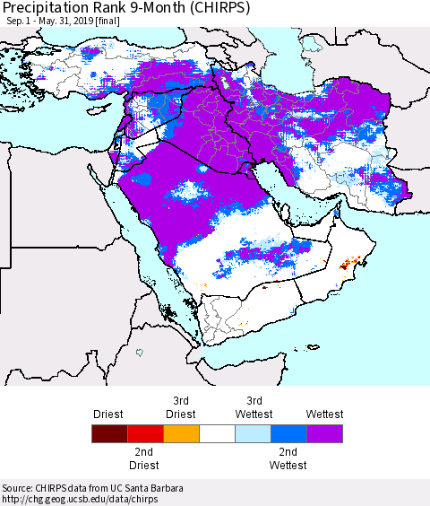 Middle East and Turkey Precipitation Rank since 1981, 9-Month (CHIRPS) Thematic Map For 9/1/2018 - 5/31/2019