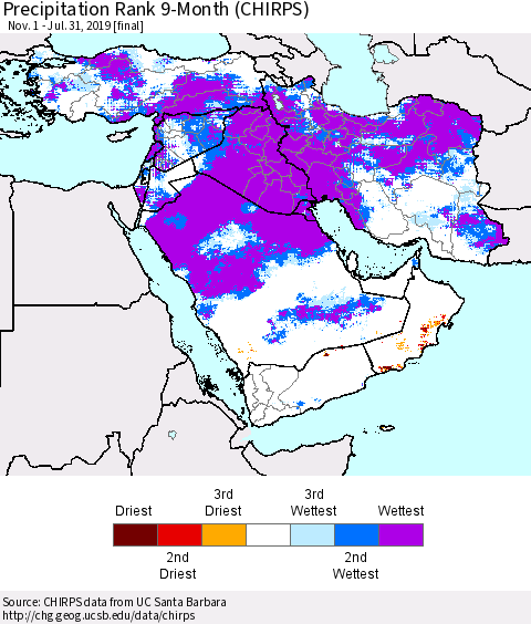 Middle East and Turkey Precipitation Rank since 1981, 9-Month (CHIRPS) Thematic Map For 11/1/2018 - 7/31/2019