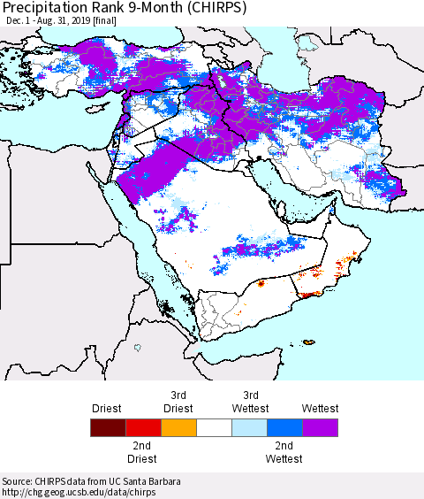 Middle East and Turkey Precipitation Rank since 1981, 9-Month (CHIRPS) Thematic Map For 12/1/2018 - 8/31/2019