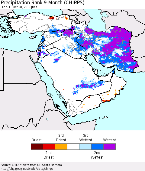 Middle East and Turkey Precipitation Rank since 1981, 9-Month (CHIRPS) Thematic Map For 2/1/2019 - 10/31/2019