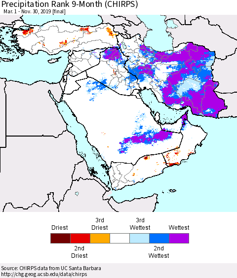 Middle East and Turkey Precipitation Rank since 1981, 9-Month (CHIRPS) Thematic Map For 3/1/2019 - 11/30/2019