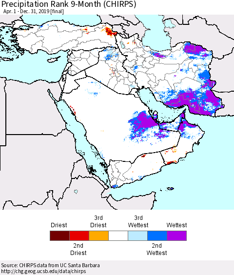 Middle East and Turkey Precipitation Rank since 1981, 9-Month (CHIRPS) Thematic Map For 4/1/2019 - 12/31/2019
