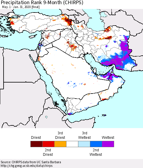 Middle East and Turkey Precipitation Rank since 1981, 9-Month (CHIRPS) Thematic Map For 5/1/2019 - 1/31/2020