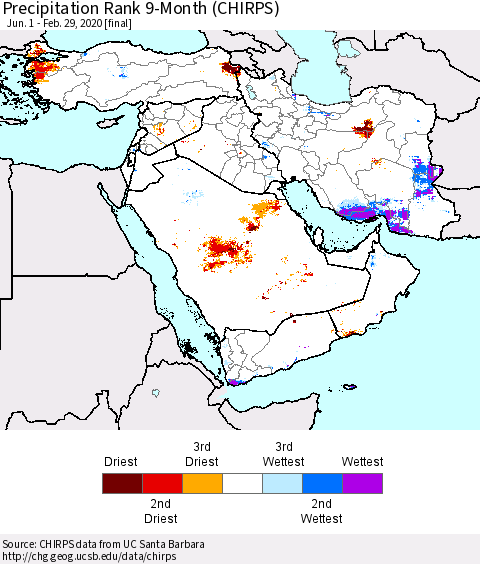 Middle East and Turkey Precipitation Rank since 1981, 9-Month (CHIRPS) Thematic Map For 6/1/2019 - 2/29/2020