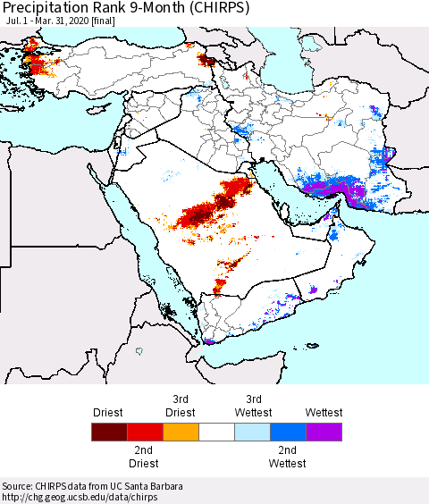 Middle East and Turkey Precipitation Rank since 1981, 9-Month (CHIRPS) Thematic Map For 7/1/2019 - 3/31/2020