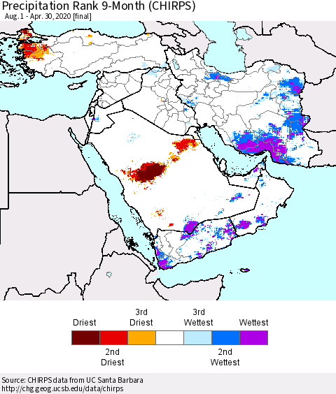 Middle East and Turkey Precipitation Rank since 1981, 9-Month (CHIRPS) Thematic Map For 8/1/2019 - 4/30/2020