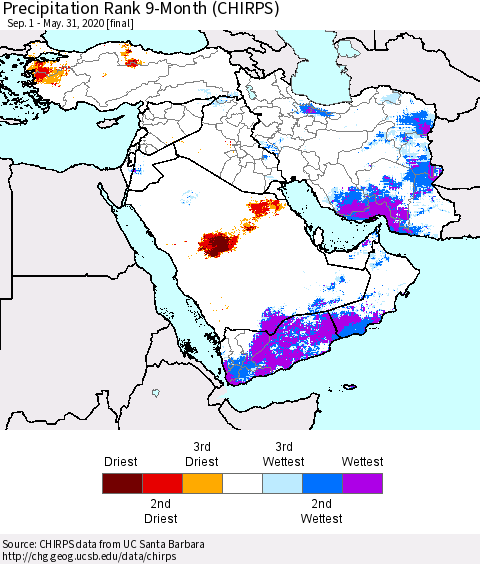 Middle East and Turkey Precipitation Rank since 1981, 9-Month (CHIRPS) Thematic Map For 9/1/2019 - 5/31/2020