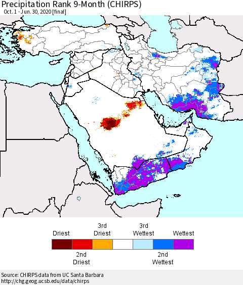 Middle East and Turkey Precipitation Rank since 1981, 9-Month (CHIRPS) Thematic Map For 10/1/2019 - 6/30/2020
