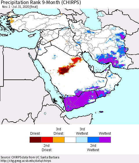 Middle East and Turkey Precipitation Rank since 1981, 9-Month (CHIRPS) Thematic Map For 11/1/2019 - 7/31/2020