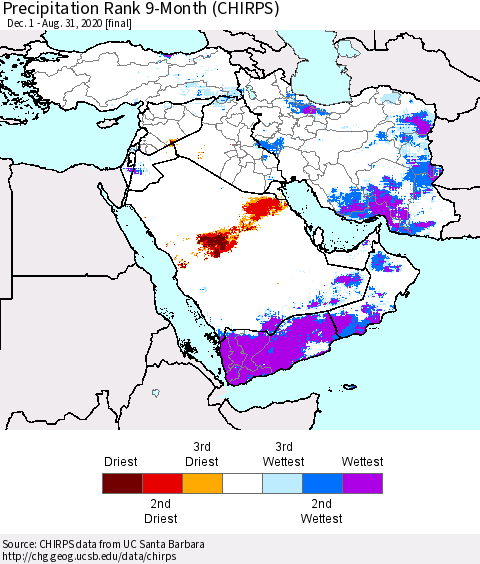 Middle East and Turkey Precipitation Rank since 1981, 9-Month (CHIRPS) Thematic Map For 12/1/2019 - 8/31/2020