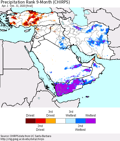 Middle East and Turkey Precipitation Rank since 1981, 9-Month (CHIRPS) Thematic Map For 4/1/2020 - 12/31/2020