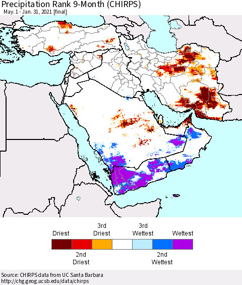 Middle East and Turkey Precipitation Rank since 1981, 9-Month (CHIRPS) Thematic Map For 5/1/2020 - 1/31/2021