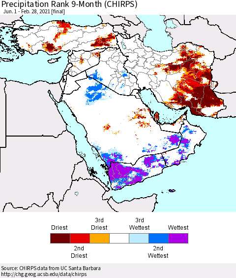 Middle East and Turkey Precipitation Rank since 1981, 9-Month (CHIRPS) Thematic Map For 6/1/2020 - 2/28/2021
