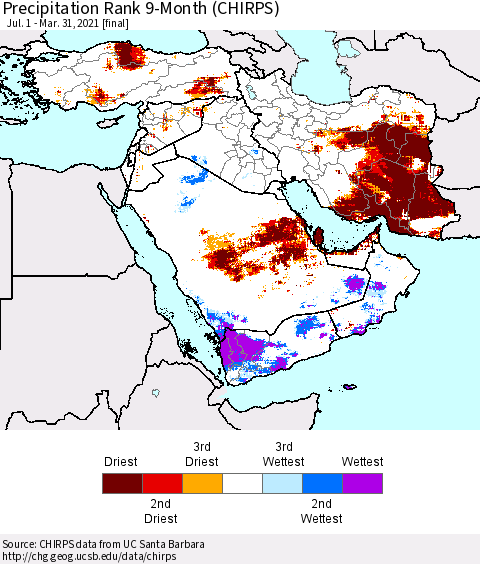 Middle East and Turkey Precipitation Rank since 1981, 9-Month (CHIRPS) Thematic Map For 7/1/2020 - 3/31/2021