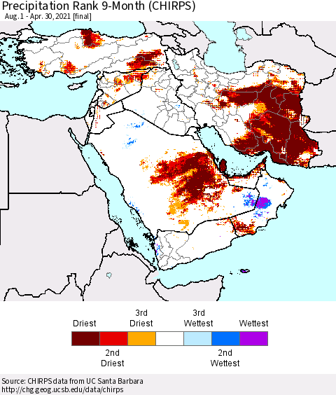 Middle East and Turkey Precipitation Rank since 1981, 9-Month (CHIRPS) Thematic Map For 8/1/2020 - 4/30/2021