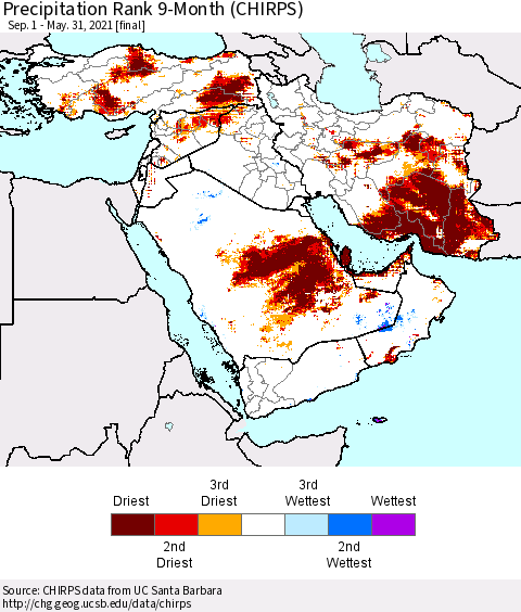 Middle East and Turkey Precipitation Rank since 1981, 9-Month (CHIRPS) Thematic Map For 9/1/2020 - 5/31/2021