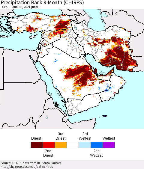 Middle East and Turkey Precipitation Rank since 1981, 9-Month (CHIRPS) Thematic Map For 10/1/2020 - 6/30/2021