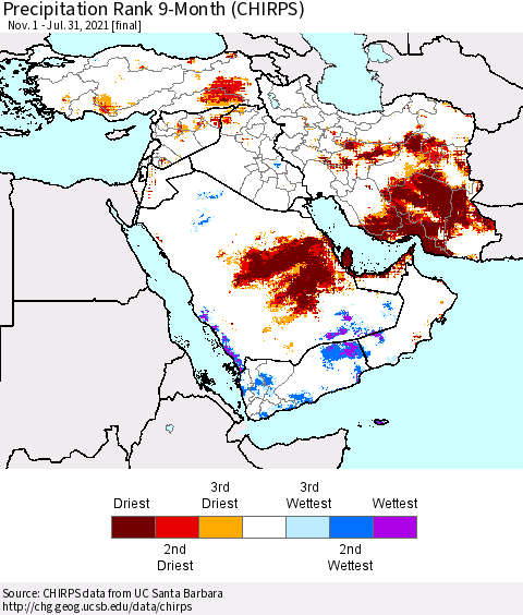 Middle East and Turkey Precipitation Rank since 1981, 9-Month (CHIRPS) Thematic Map For 11/1/2020 - 7/31/2021