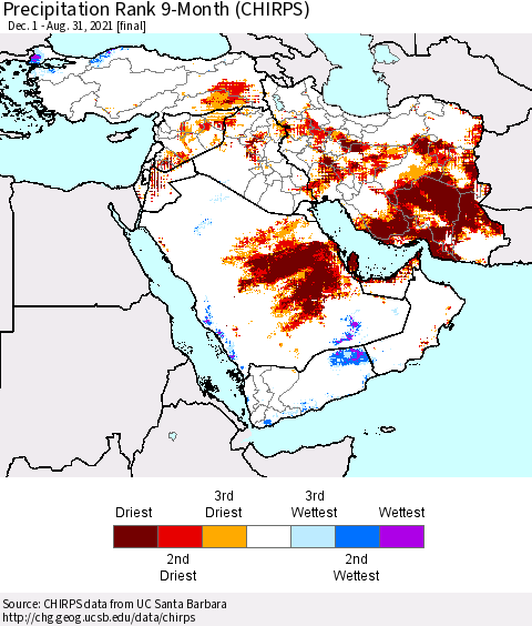 Middle East and Turkey Precipitation Rank since 1981, 9-Month (CHIRPS) Thematic Map For 12/1/2020 - 8/31/2021