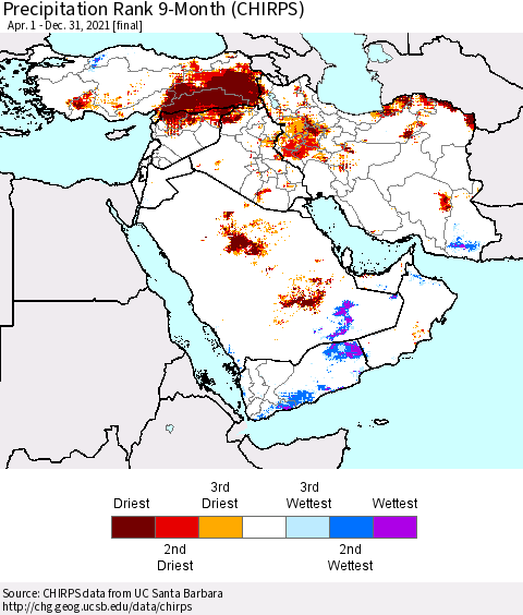 Middle East and Turkey Precipitation Rank since 1981, 9-Month (CHIRPS) Thematic Map For 4/1/2021 - 12/31/2021