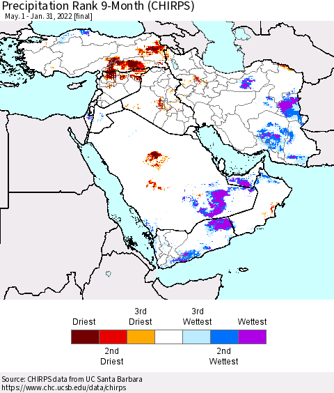 Middle East and Turkey Precipitation Rank since 1981, 9-Month (CHIRPS) Thematic Map For 5/1/2021 - 1/31/2022