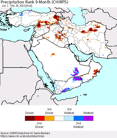 Middle East and Turkey Precipitation Rank since 1981, 9-Month (CHIRPS) Thematic Map For 6/1/2021 - 2/28/2022