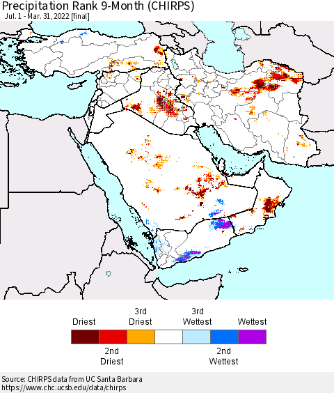 Middle East and Turkey Precipitation Rank since 1981, 9-Month (CHIRPS) Thematic Map For 7/1/2021 - 3/31/2022