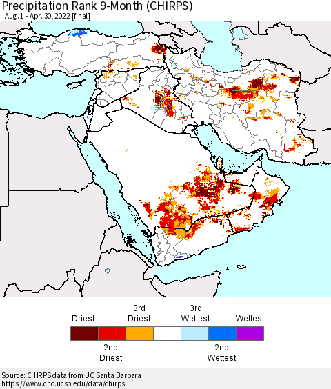 Middle East and Turkey Precipitation Rank since 1981, 9-Month (CHIRPS) Thematic Map For 8/1/2021 - 4/30/2022