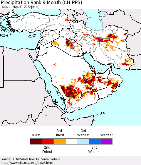 Middle East and Turkey Precipitation Rank since 1981, 9-Month (CHIRPS) Thematic Map For 9/1/2021 - 5/31/2022