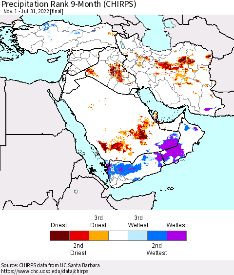 Middle East and Turkey Precipitation Rank since 1981, 9-Month (CHIRPS) Thematic Map For 11/1/2021 - 7/31/2022