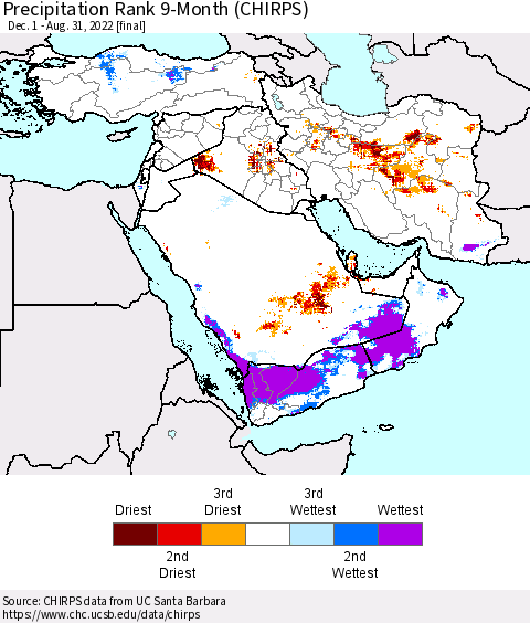 Middle East and Turkey Precipitation Rank since 1981, 9-Month (CHIRPS) Thematic Map For 12/1/2021 - 8/31/2022
