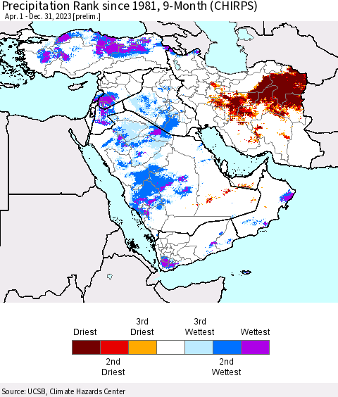 Middle East and Turkey Precipitation Rank since 1981, 9-Month (CHIRPS) Thematic Map For 4/1/2023 - 12/31/2023