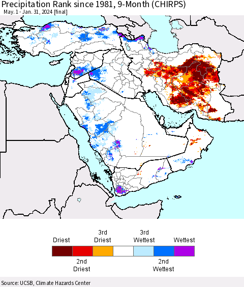 Middle East and Turkey Precipitation Rank since 1981, 9-Month (CHIRPS) Thematic Map For 5/1/2023 - 1/31/2024