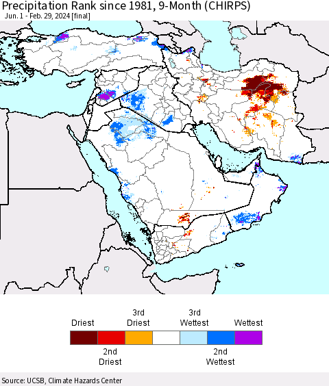 Middle East and Turkey Precipitation Rank since 1981, 9-Month (CHIRPS) Thematic Map For 6/1/2023 - 2/29/2024