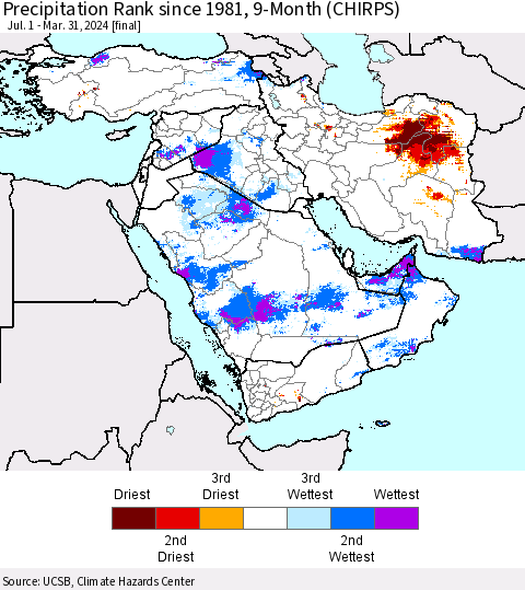 Middle East and Turkey Precipitation Rank since 1981, 9-Month (CHIRPS) Thematic Map For 7/1/2023 - 3/31/2024