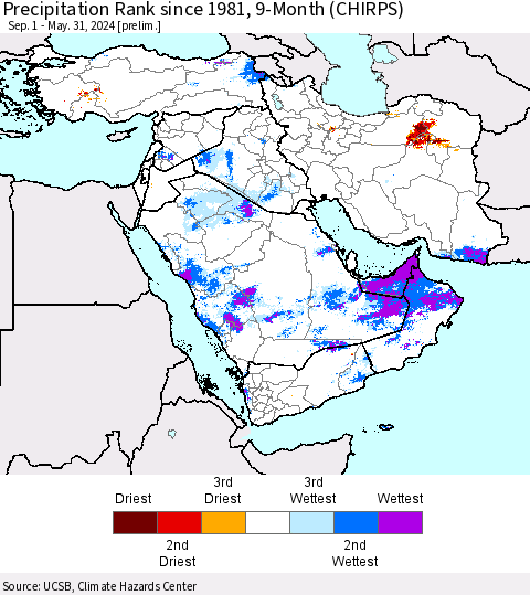Middle East and Turkey Precipitation Rank since 1981, 9-Month (CHIRPS) Thematic Map For 9/1/2023 - 5/31/2024