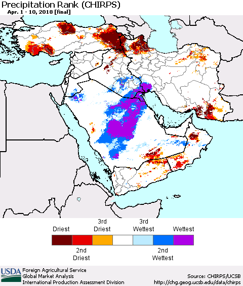 Middle East and Turkey Precipitation Rank since 1981 (CHIRPS) Thematic Map For 4/1/2018 - 4/10/2018