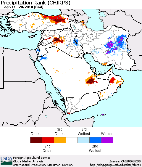 Middle East and Turkey Precipitation Rank since 1981 (CHIRPS) Thematic Map For 4/11/2018 - 4/20/2018