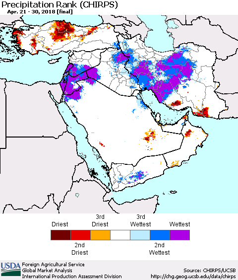 Middle East and Turkey Precipitation Rank since 1981 (CHIRPS) Thematic Map For 4/21/2018 - 4/30/2018