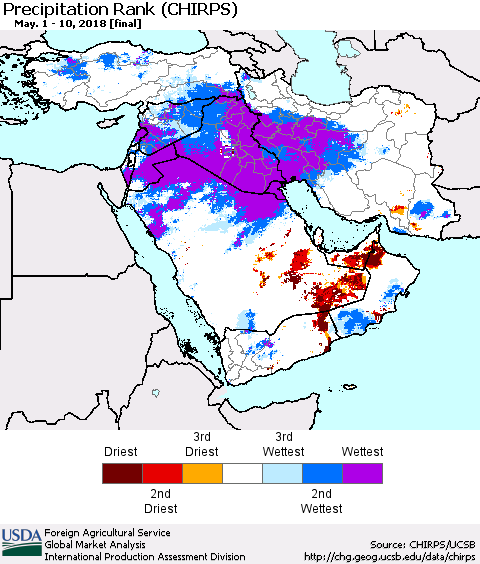 Middle East and Turkey Precipitation Rank since 1981 (CHIRPS) Thematic Map For 5/1/2018 - 5/10/2018