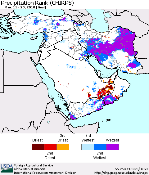 Middle East and Turkey Precipitation Rank since 1981 (CHIRPS) Thematic Map For 5/11/2018 - 5/20/2018