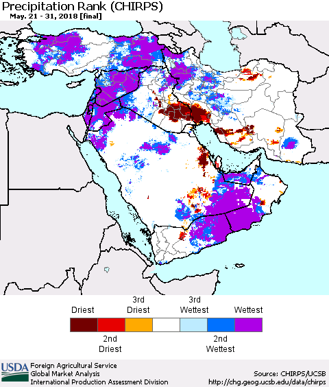 Middle East and Turkey Precipitation Rank since 1981 (CHIRPS) Thematic Map For 5/21/2018 - 5/31/2018