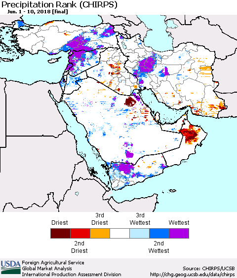 Middle East and Turkey Precipitation Rank since 1981 (CHIRPS) Thematic Map For 6/1/2018 - 6/10/2018