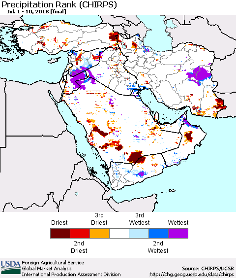 Middle East and Turkey Precipitation Rank since 1981 (CHIRPS) Thematic Map For 7/1/2018 - 7/10/2018