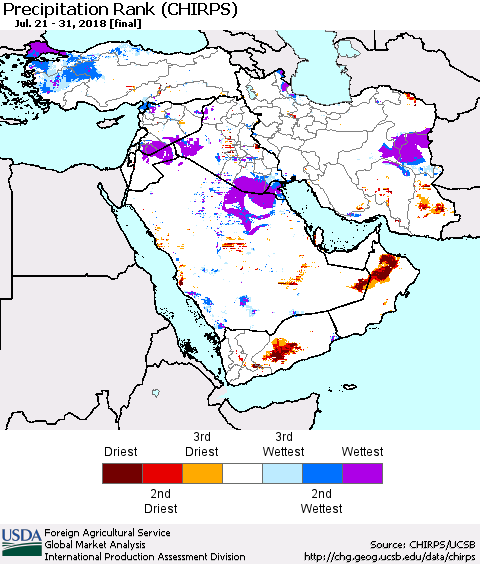 Middle East and Turkey Precipitation Rank since 1981 (CHIRPS) Thematic Map For 7/21/2018 - 7/31/2018
