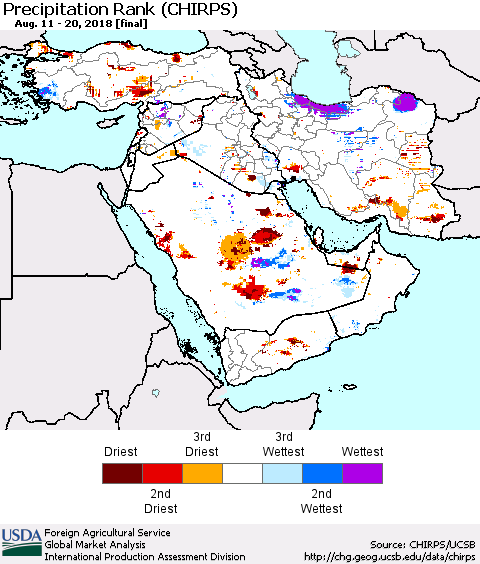 Middle East and Turkey Precipitation Rank since 1981 (CHIRPS) Thematic Map For 8/11/2018 - 8/20/2018
