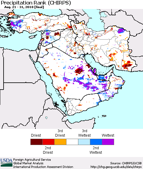 Middle East and Turkey Precipitation Rank since 1981 (CHIRPS) Thematic Map For 8/21/2018 - 8/31/2018