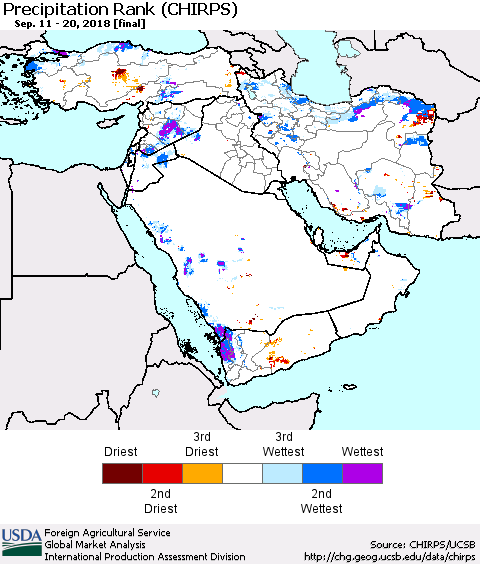 Middle East and Turkey Precipitation Rank since 1981 (CHIRPS) Thematic Map For 9/11/2018 - 9/20/2018