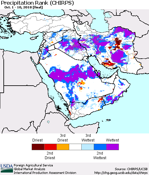 Middle East and Turkey Precipitation Rank since 1981 (CHIRPS) Thematic Map For 10/1/2018 - 10/10/2018