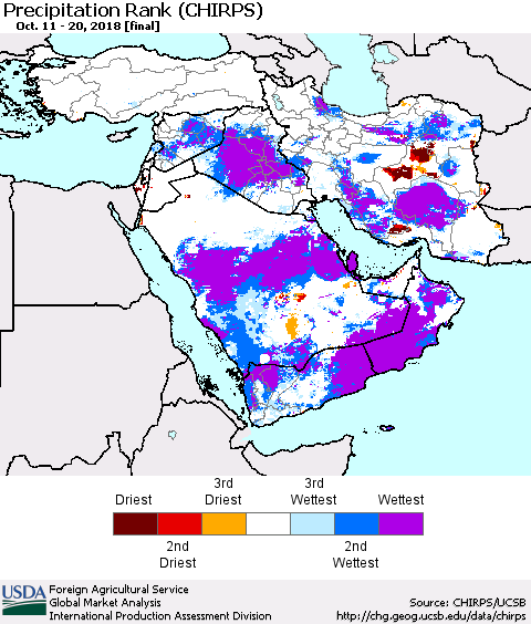 Middle East and Turkey Precipitation Rank since 1981 (CHIRPS) Thematic Map For 10/11/2018 - 10/20/2018